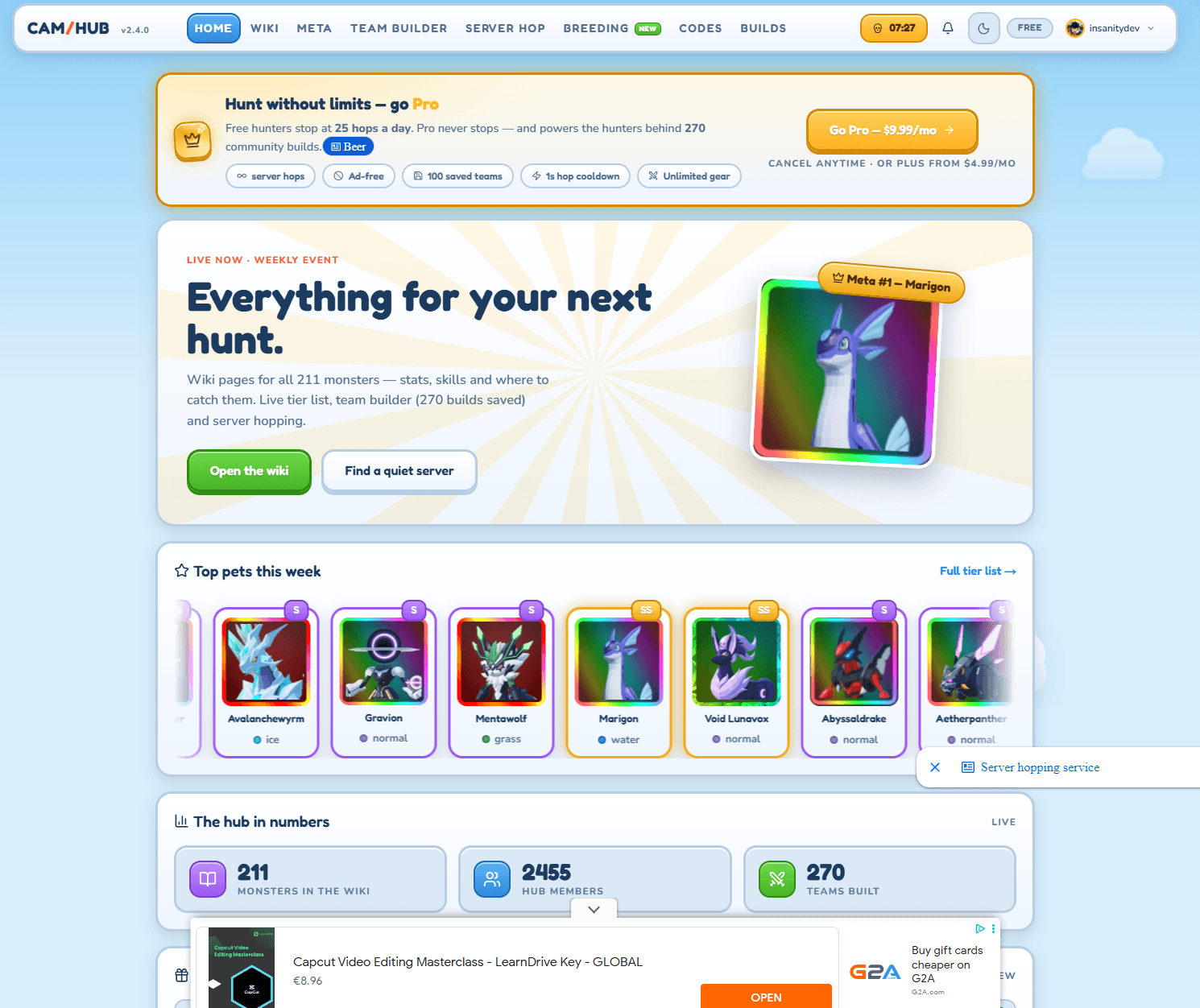 CAM Hub homepage: monster tier list, team builder, and live hub stats